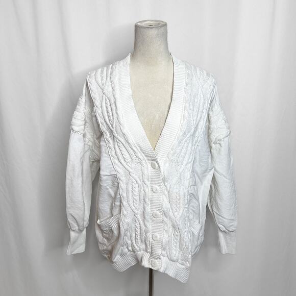Sideffects Vintage Cable Knit Jacket White Button Up V Neck Women's M Retro 90s - Picture 3 of 11